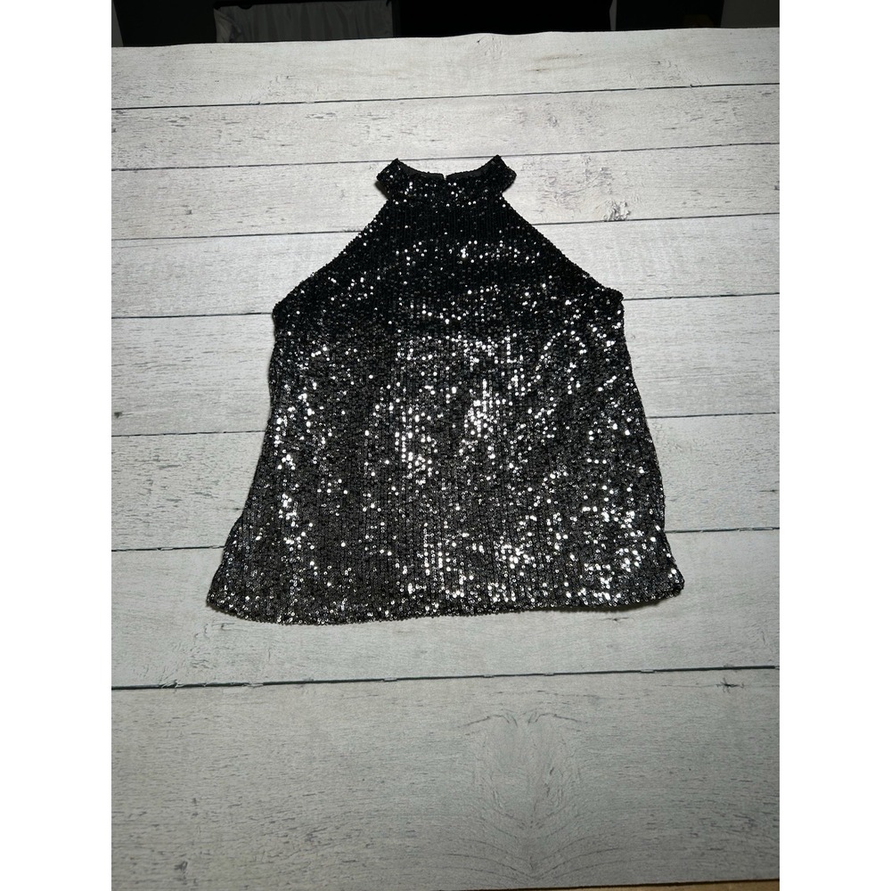 Cable & Gauge Womens Black Sequined Sleeveless Halter Top Blouse Medium Holiday